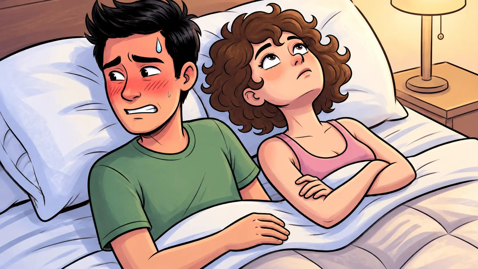 Pareja en cama enfrentando un momento de frustración íntima