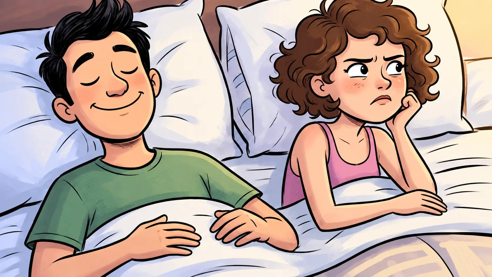 Pareja en cama con expresiones distintas después de un momento íntimo